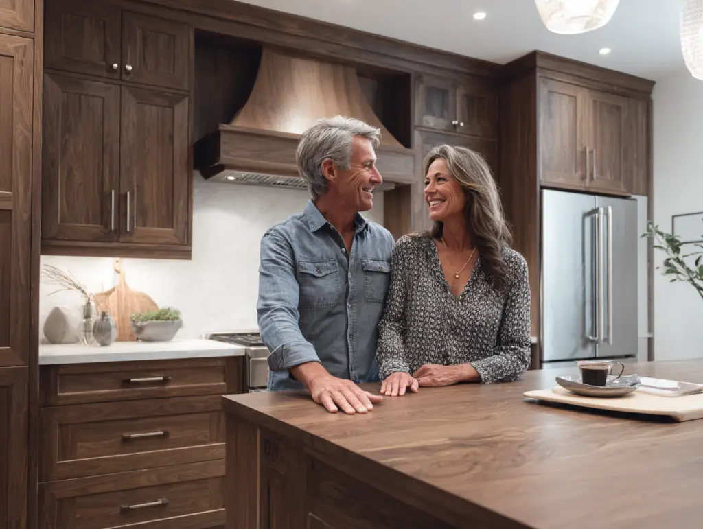 Couple in elegant wooden kitchen.