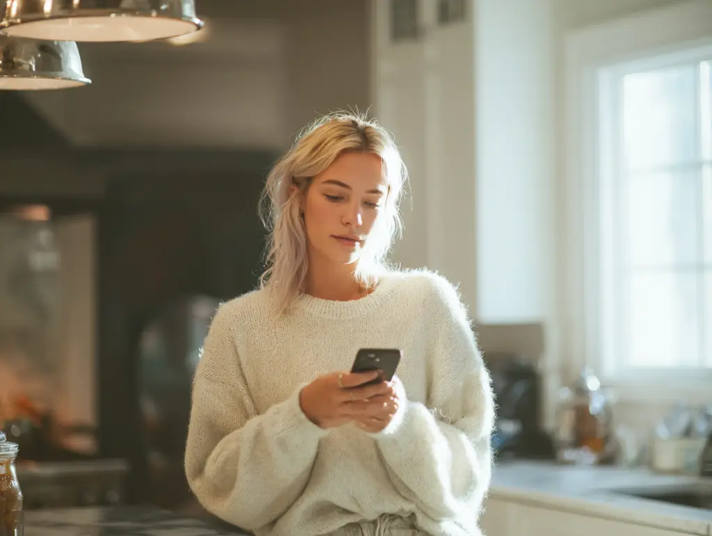Woman texting in a bright kitchen.